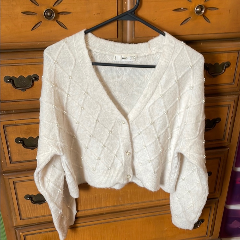 Mango White Pearl-Embellished Women's Sweater